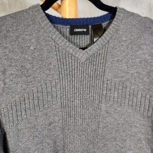 Claiborne Medium $55 Gray Ribbed V-Neck Long Sleeve 100% Cotton Pullover